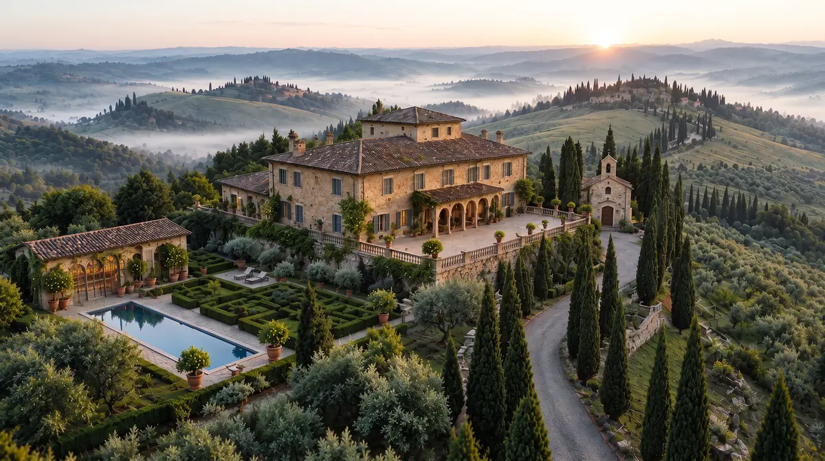 Villa Ardena all'alba vista dall'alto, tra i cipressi della Val d'Orcia